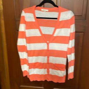 White & sherbet orange striped button sweater, with two front pockets size M